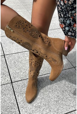 Ażurowe zamszowe kowbojki Paisley camel